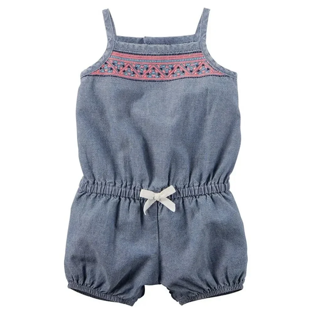 NWT CARTER'S Embroidered Chambray Blue Romper Baby Girl 6M